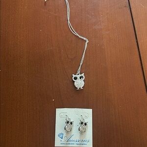 Silver Owl Necklace and Earring Set